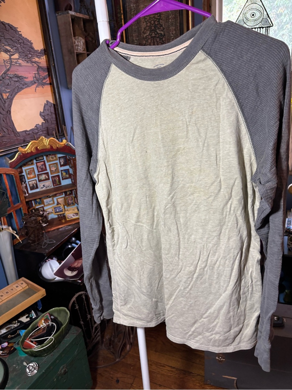 Faded Glory Two-Tone Raglan Long Sleeve Shirt - Gray and Light Beige